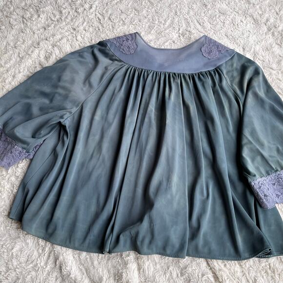 Vintage 60s lace trimmed bed jacket tie dye dyed teal blue cropped layering M - Picture 10 of 17